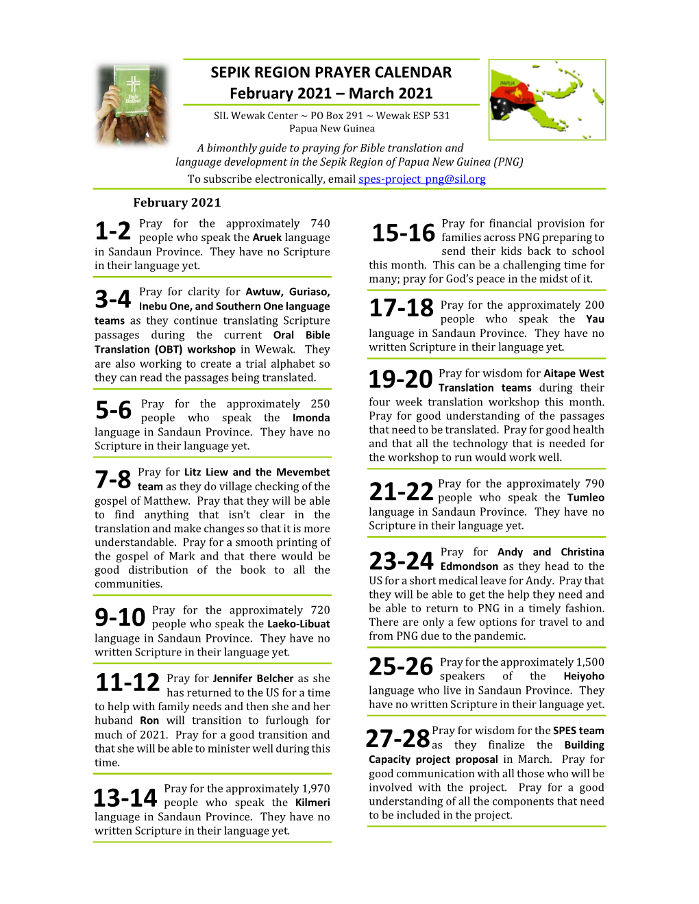 SEPIK REGION PRAYER CALENDAR February