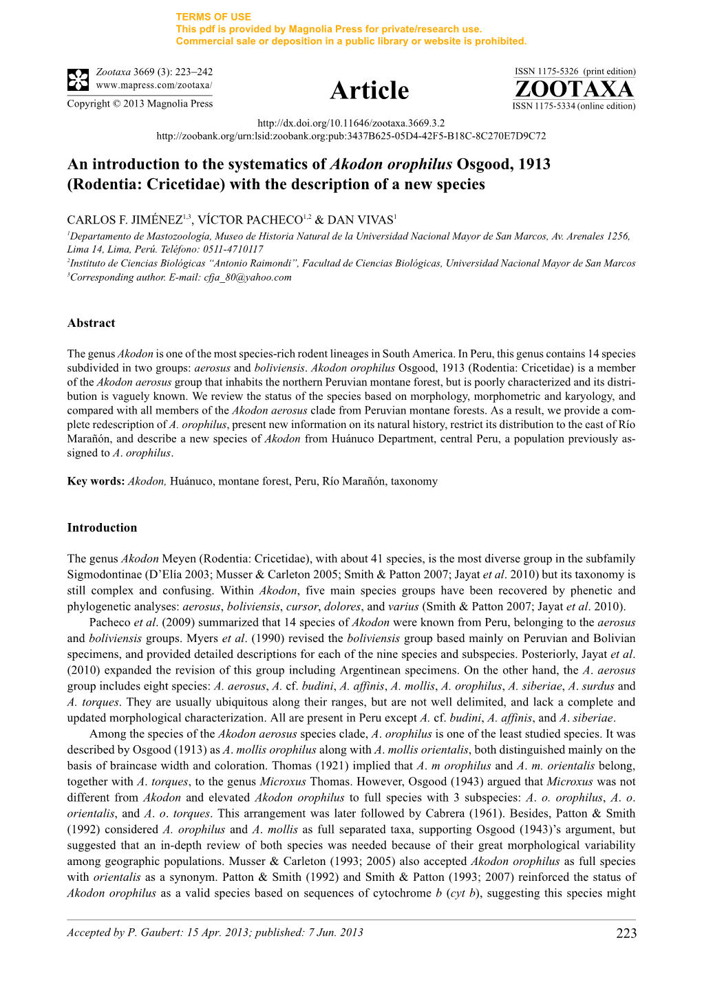 An Introduction to the Systematics of Akodon Orophilus Osgood, 1913 (Rodentia: Cricetidae) with the Description of a New Species