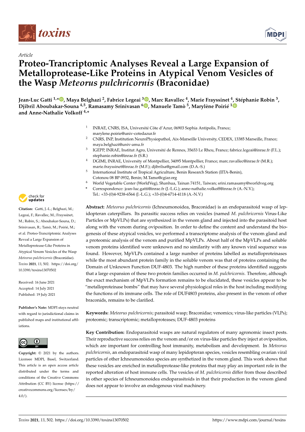 Proteo-Trancriptomic Analyses Reveal a Large Expansion of Metalloprotease-Like Proteins in Atypical Venom Vesicles of the Wasp Meteorus Pulchricornis (Braconidae)