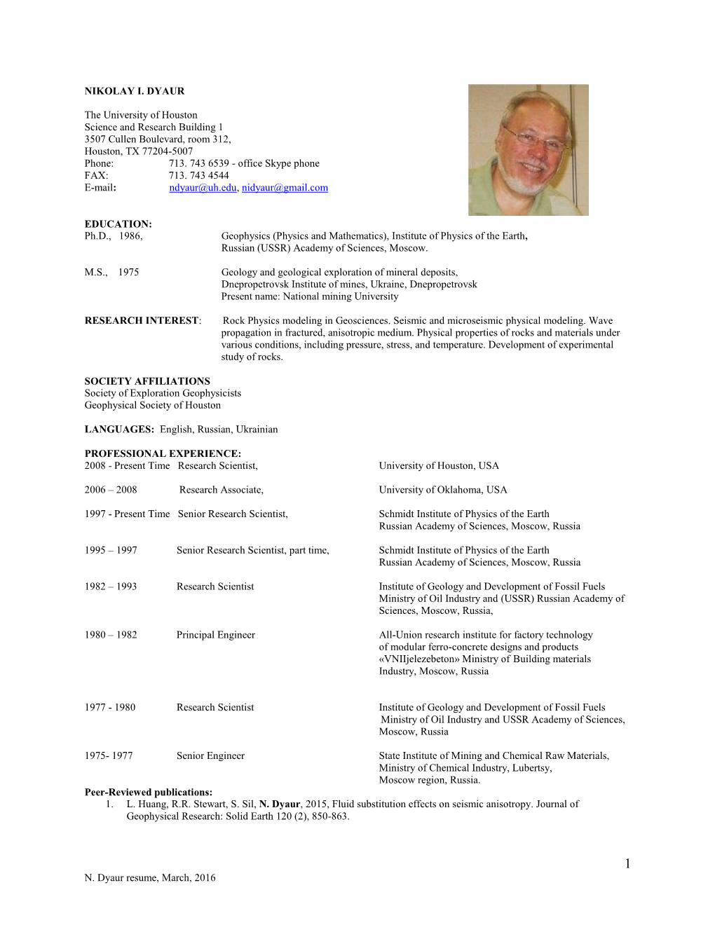 N. Dyaur Resume, March, 2016 NIKOLAY I. DYAUR the University