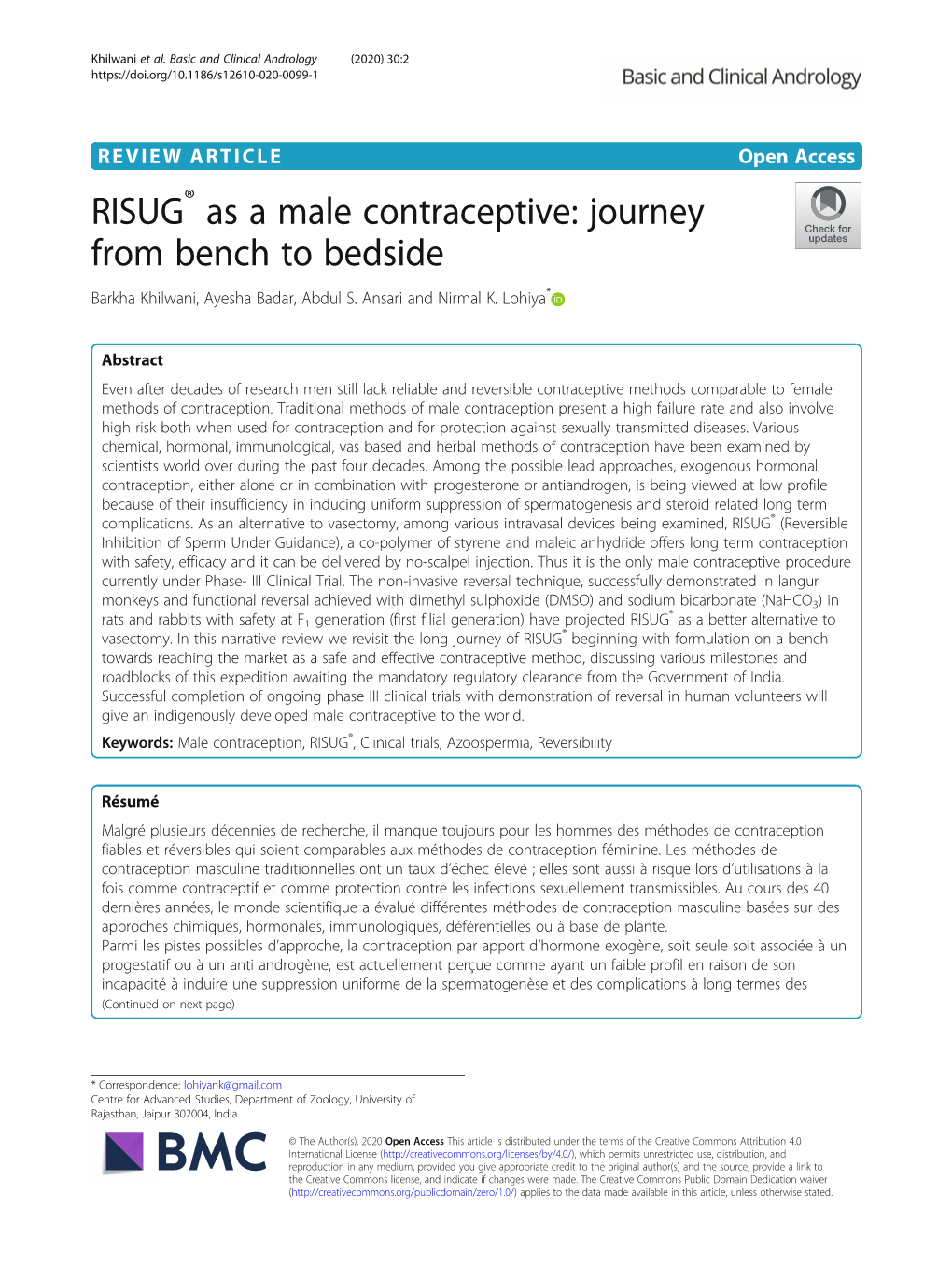 RISUG® As a Male Contraceptive: Journey from Bench to Bedside Barkha Khilwani, Ayesha Badar, Abdul S