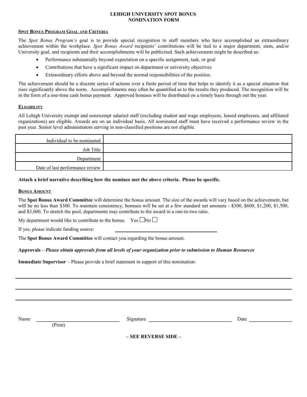 Lehigh University Spot Bonus Nomination Form