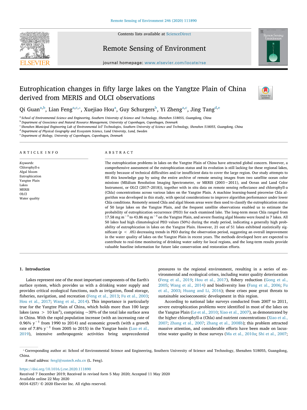 Eutrophication Changes in Fifty Large Lakes on the Yangtze Plain of China