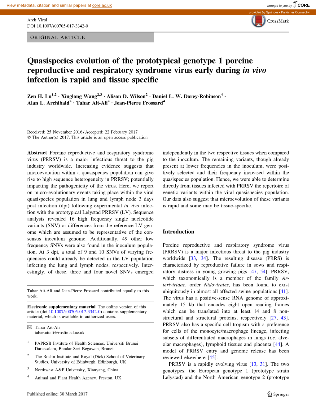 Quasispecies Evolution of the Prototypical Genotype 1 Porcine Reproductive and Respiratory Syndrome Virus Early During in Vivo Infection Is Rapid and Tissue Speciﬁc