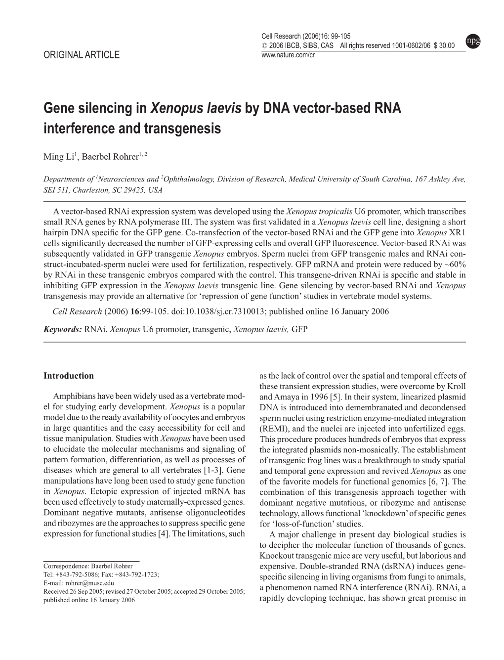 Gene Silencing in Xenopus Laevis by DNA Vector-Based RNA Interference and Transgenesis