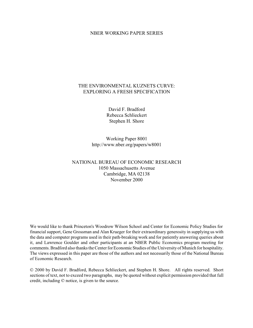 Nber Working Paper Series the Environmental Kuznets