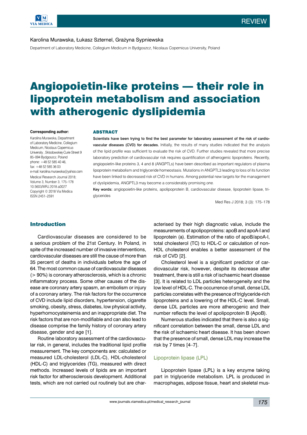 Angiopoietin-Like Proteins — Their Role in Lipoprotein Metabolism and Association with Atherogenic Dyslipidemia