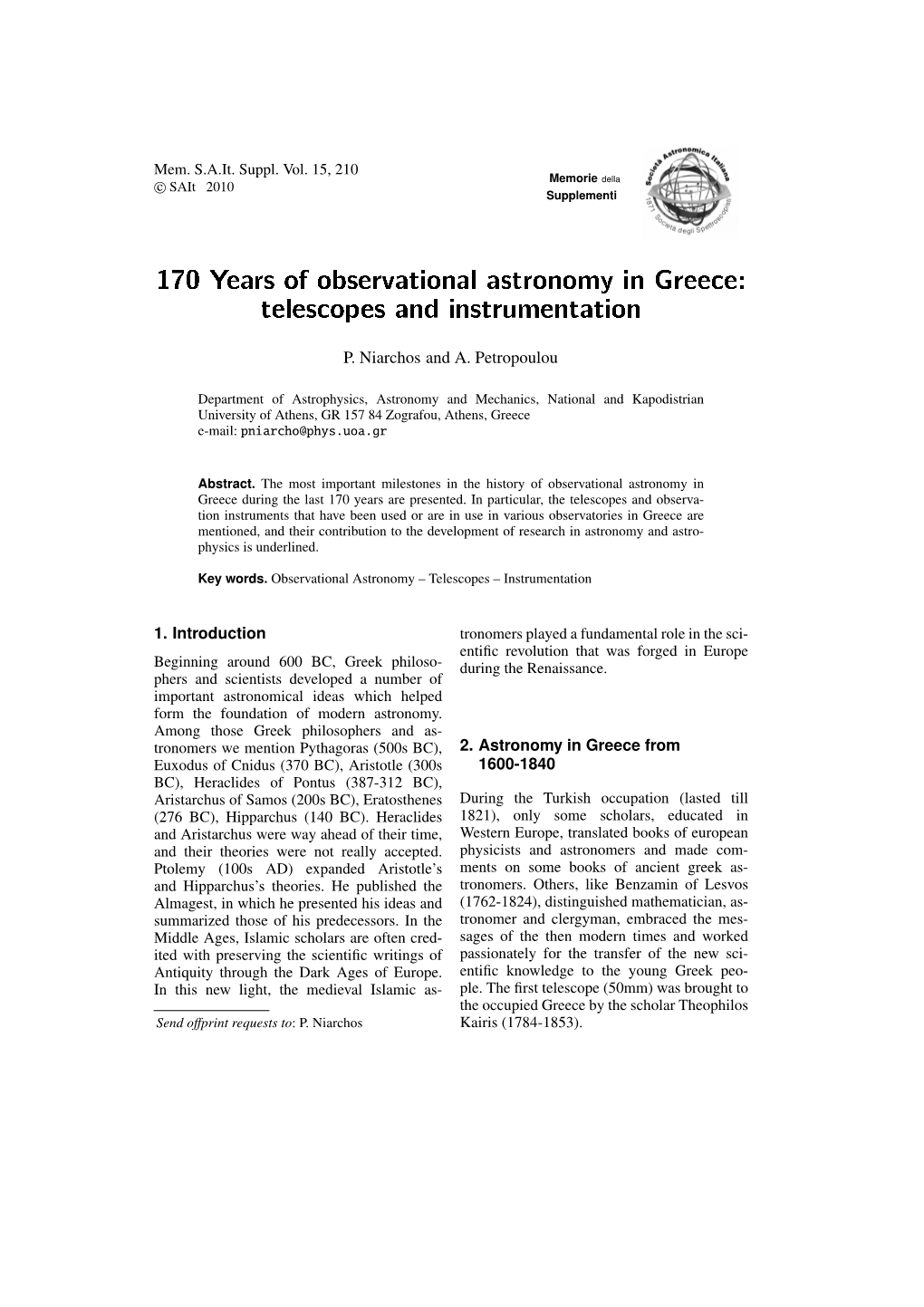 170 Years of Observational Astronomy in Greece: Telescopes and Instrumentation