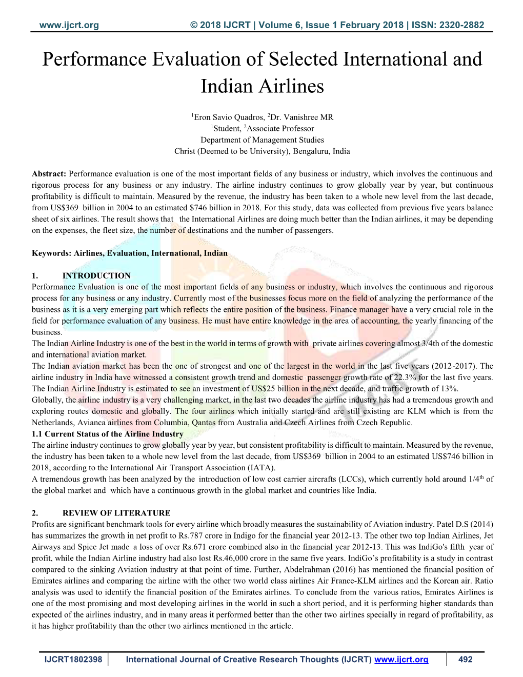 Performance Evaluation of Selected International and Indian Airlines