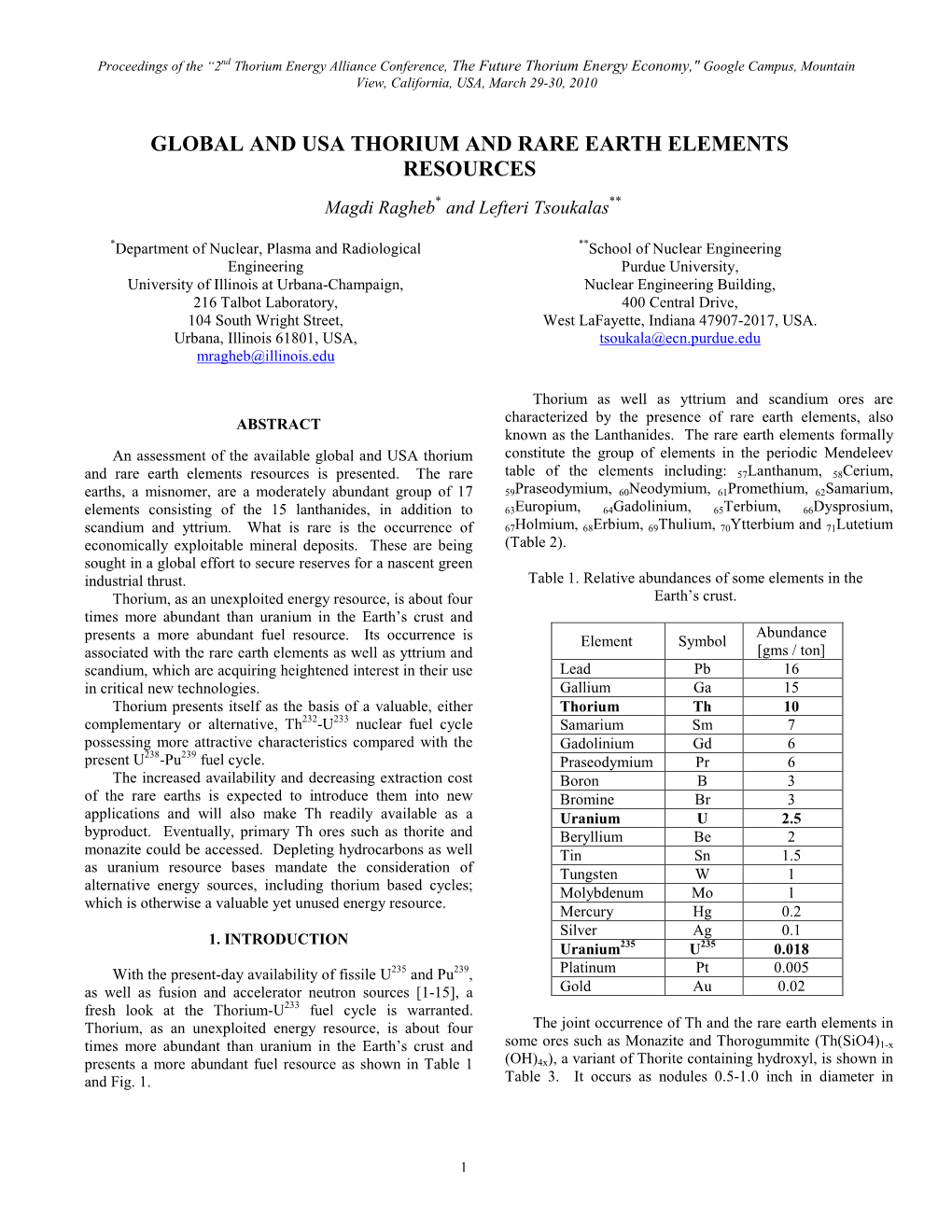 Global and Usa Thorium and Rare Earth Elements Resources