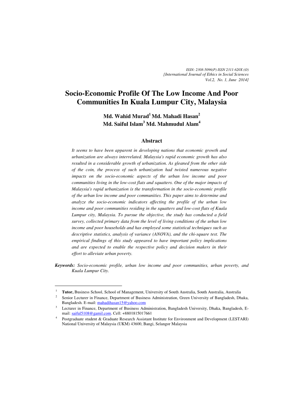 Socio-Economic Profile of the Low Income and Poor Communities in Kuala Lumpur City, Malaysia