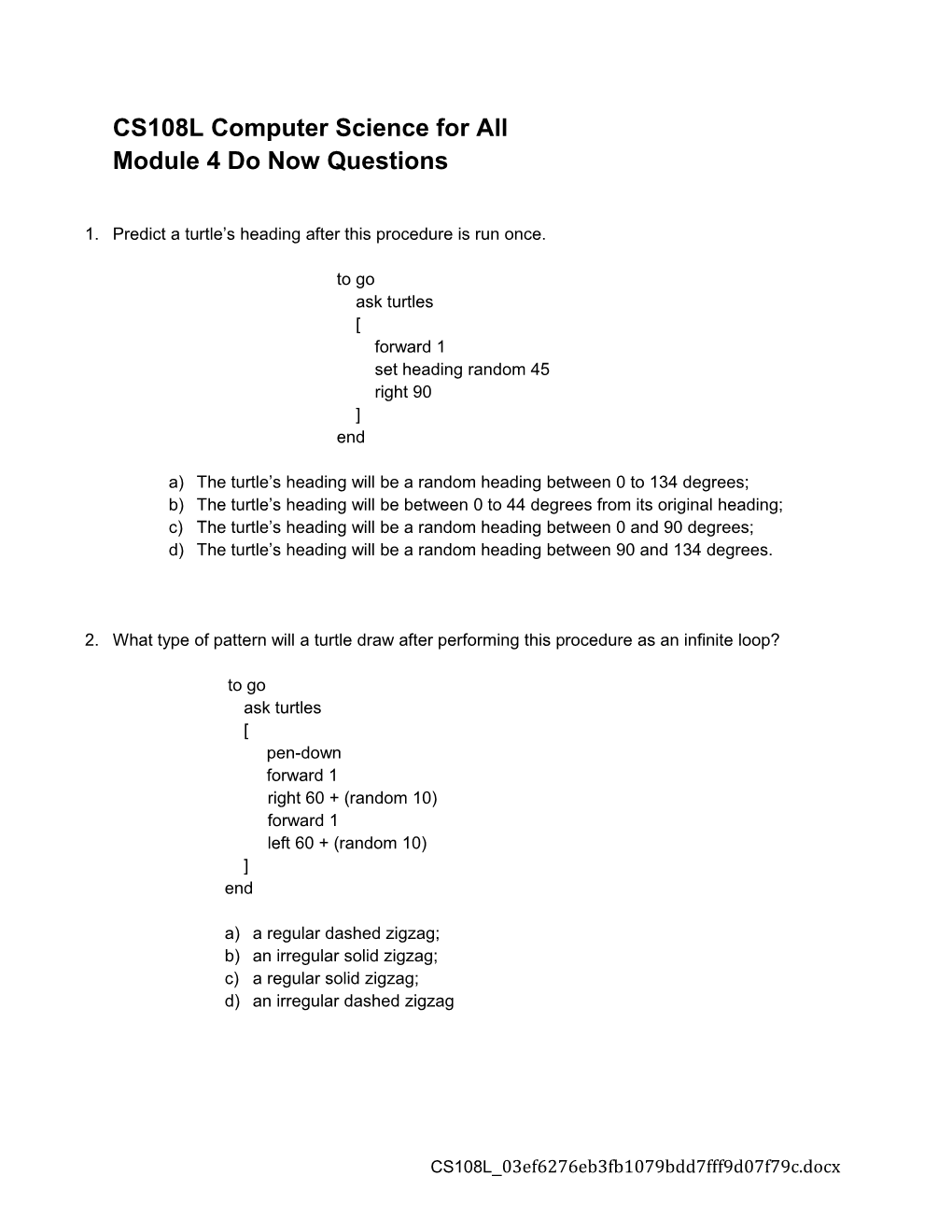 Do Now Questions - Wk 2: Setup/Go Procedures