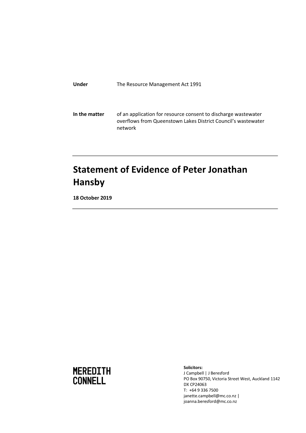 Statement of Evidence of Peter Jonathan Hansby