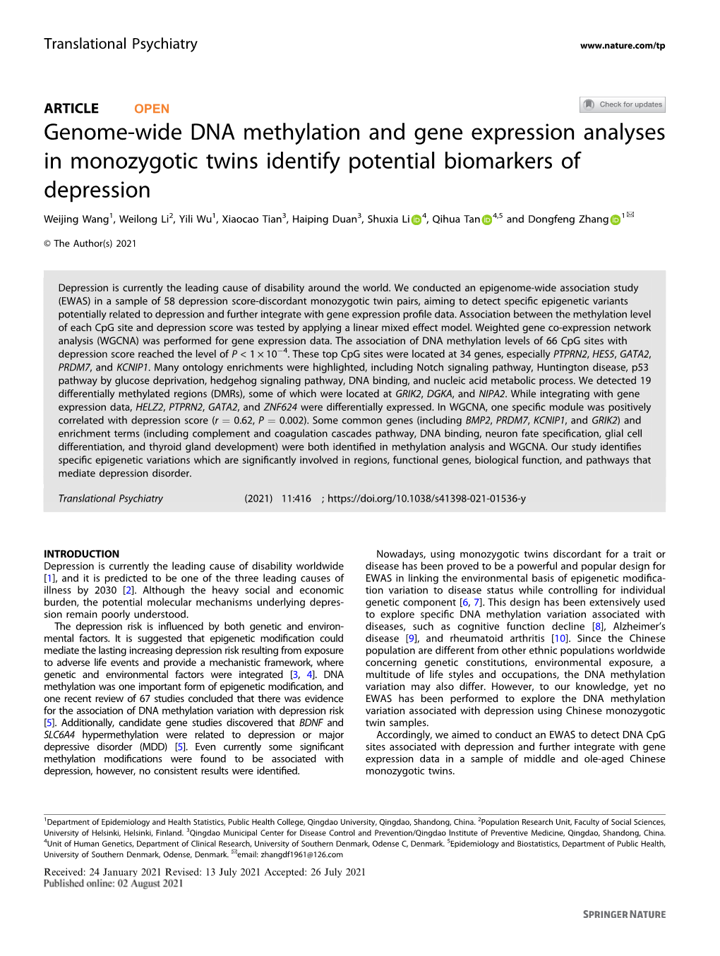 Genome-Wide DNA Methylation and Gene Expression Analyses In