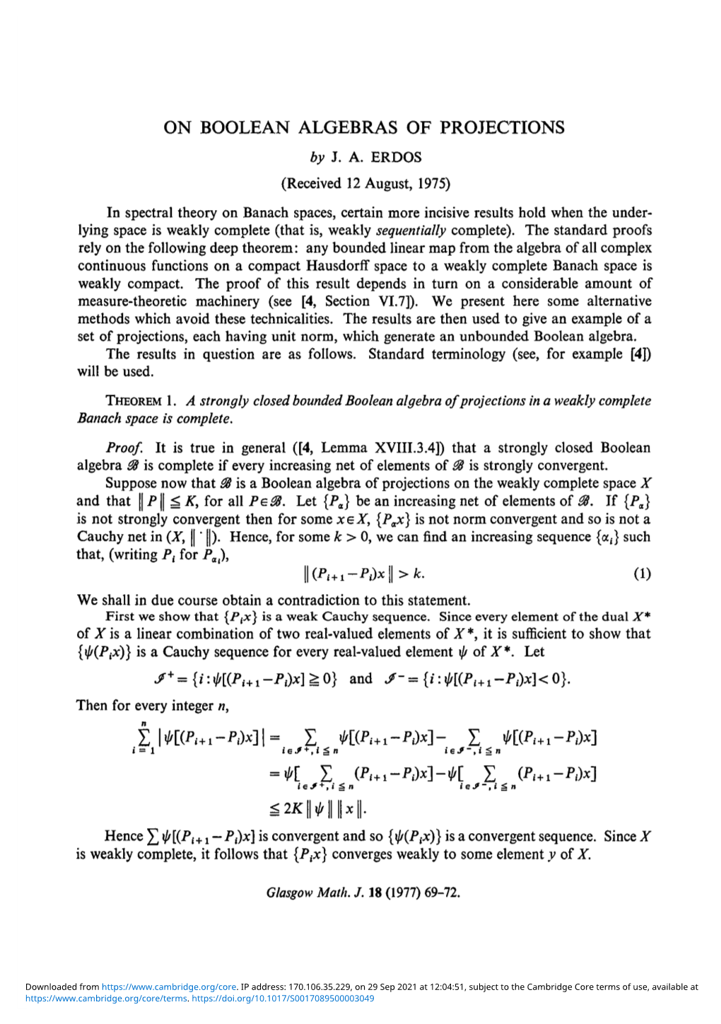 ON BOOLEAN ALGEBRAS of PROJECTIONS by J