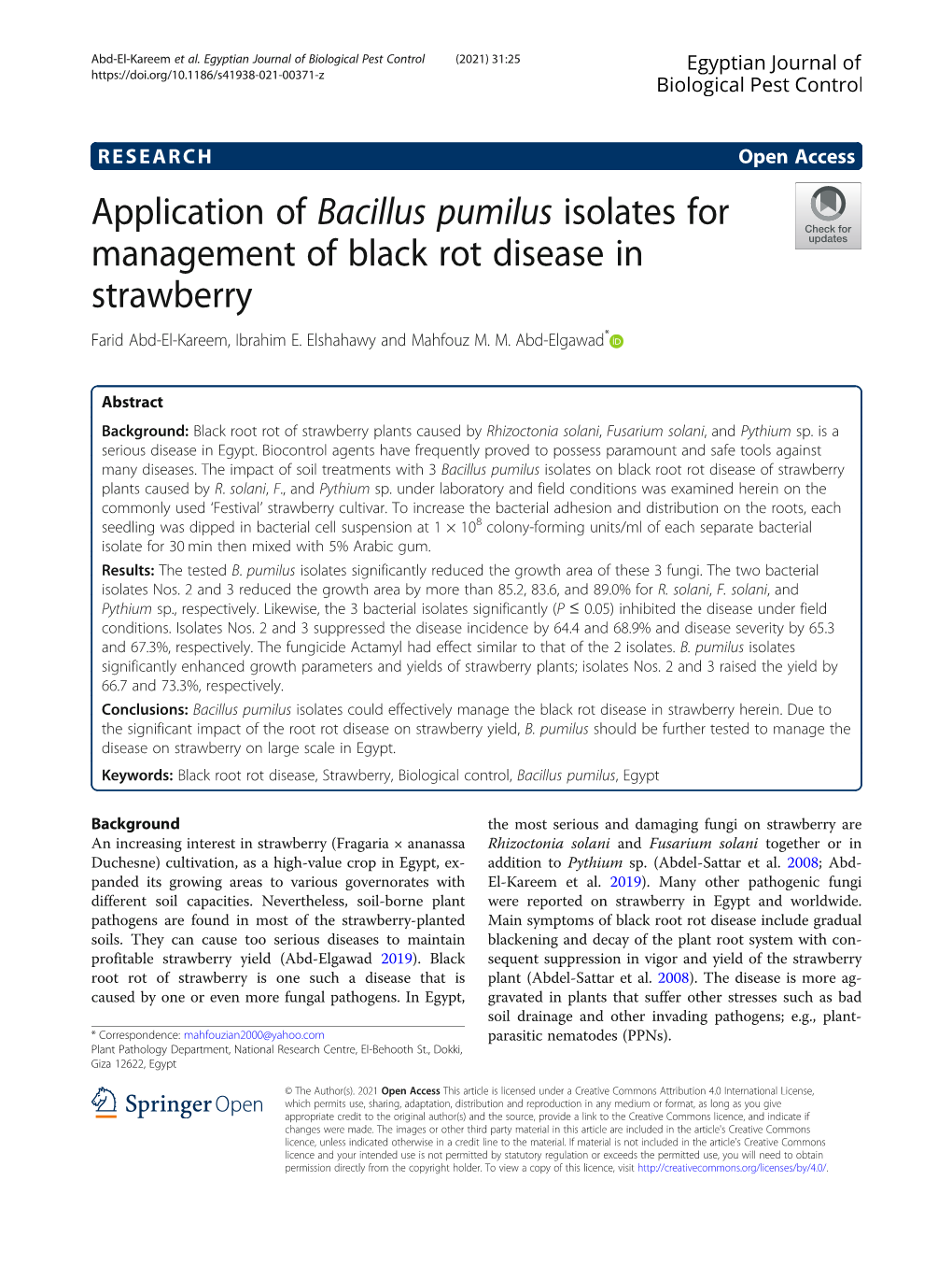 Application of Bacillus Pumilus Isolates for Management of Black Rot Disease in Strawberry Farid Abd-El-Kareem, Ibrahim E