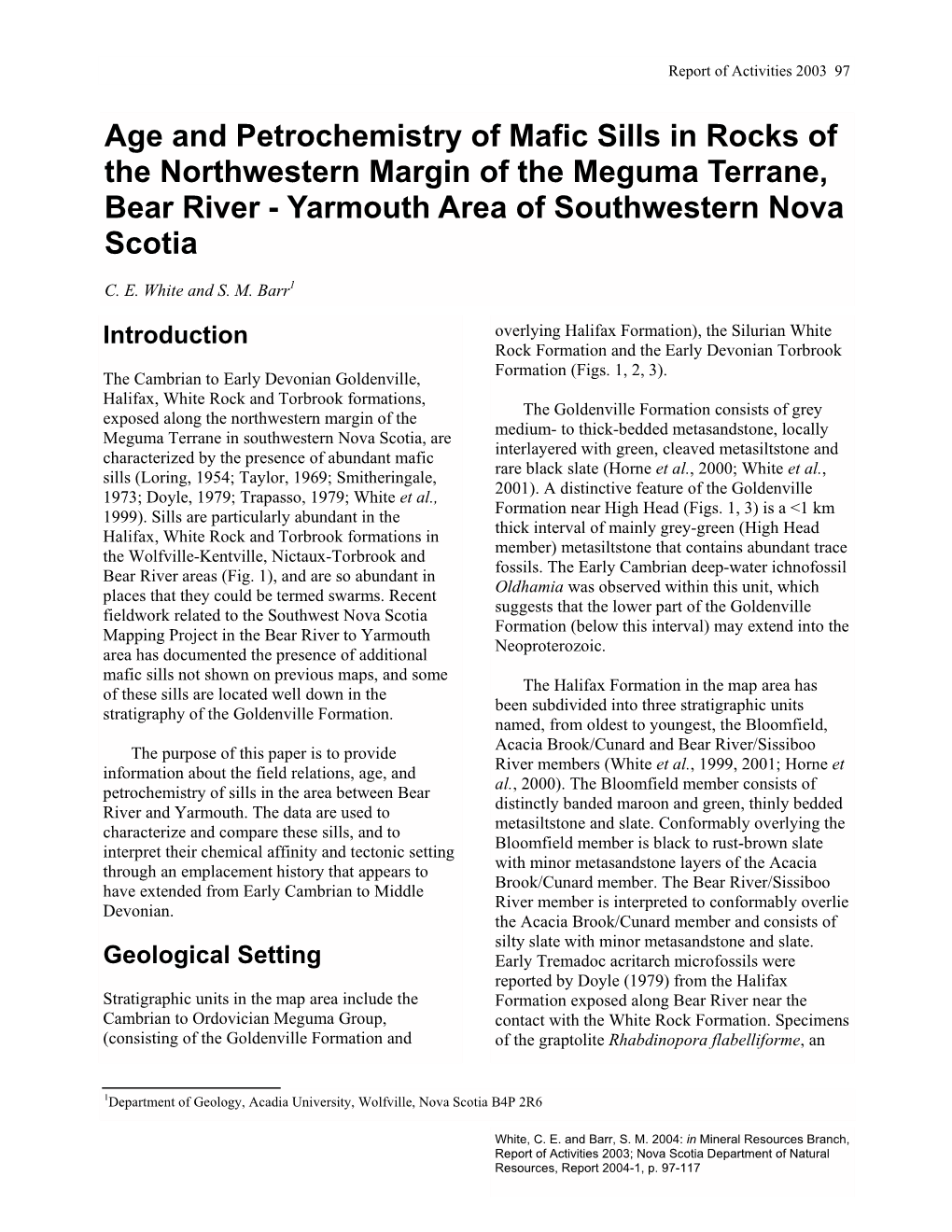Age and Petrochemistry of Mafic Sills in Rocks of the Northwestern Margin of the Meguma Terrane, Bear River - Yarmouth Area of Southwestern Nova Scotia