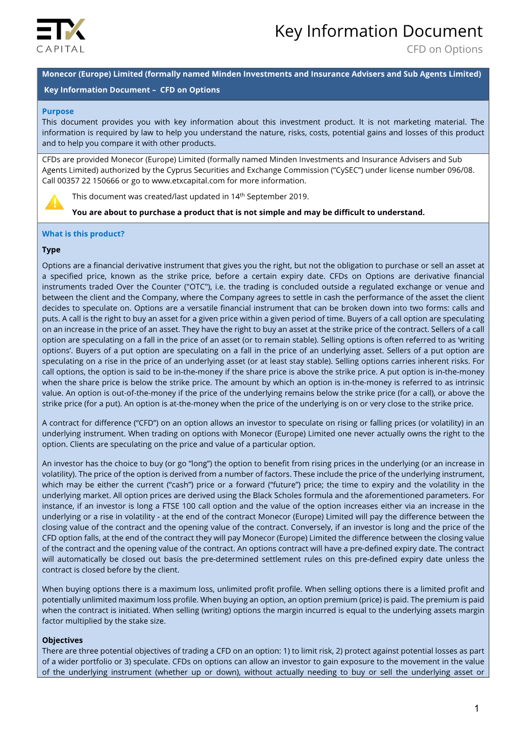 Key Information Document CFD on Options