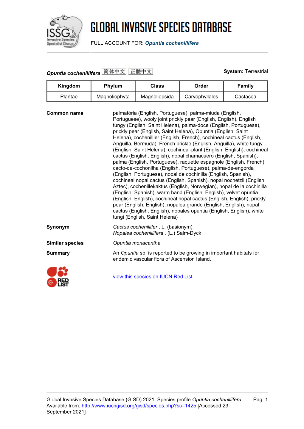 (GISD) 2021. Species Profile Opuntia Cochenillifera. A