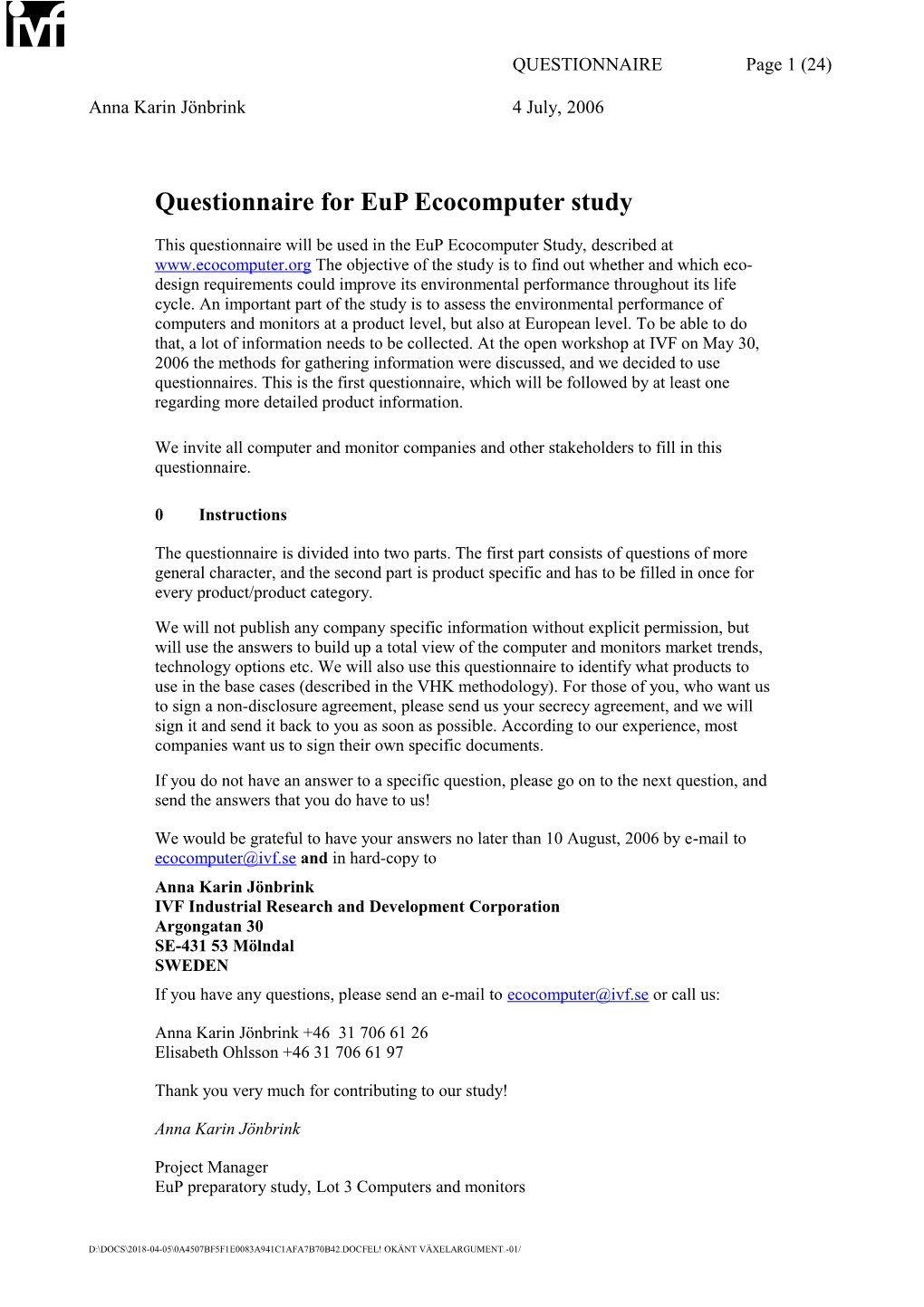 Questionnaire for Eup Ecocomputer Study