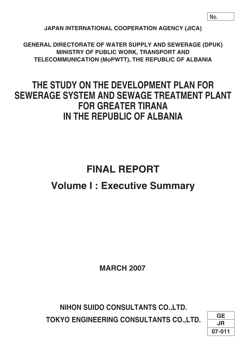 The Study on the Development Plan for Sewerage System and Sewage