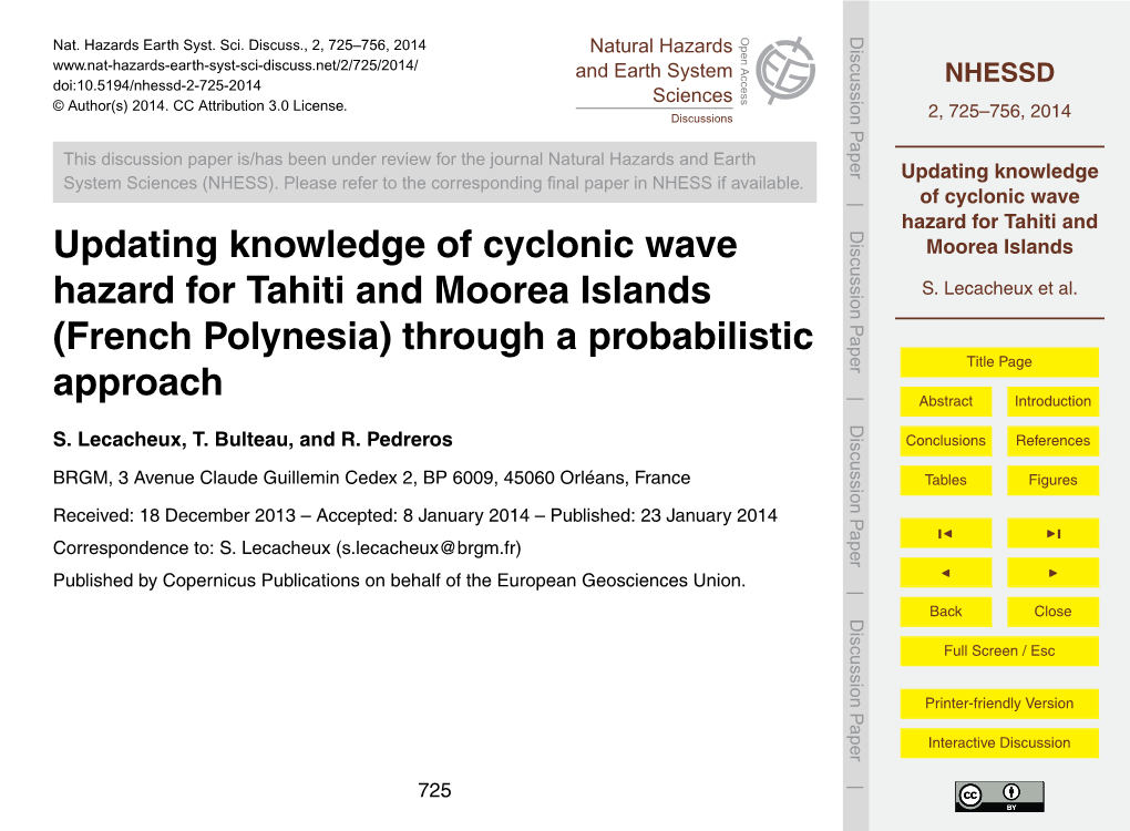 Updating Knowledge of Cyclonic Wave Hazard for Tahiti and Moorea Islands