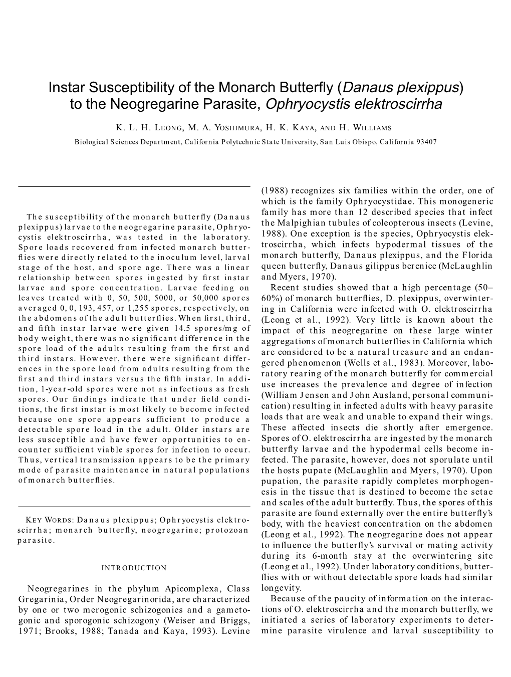 Danaus Plexippus) to the Neogregarine Parasite, Ophryocystis Elektroscirrha