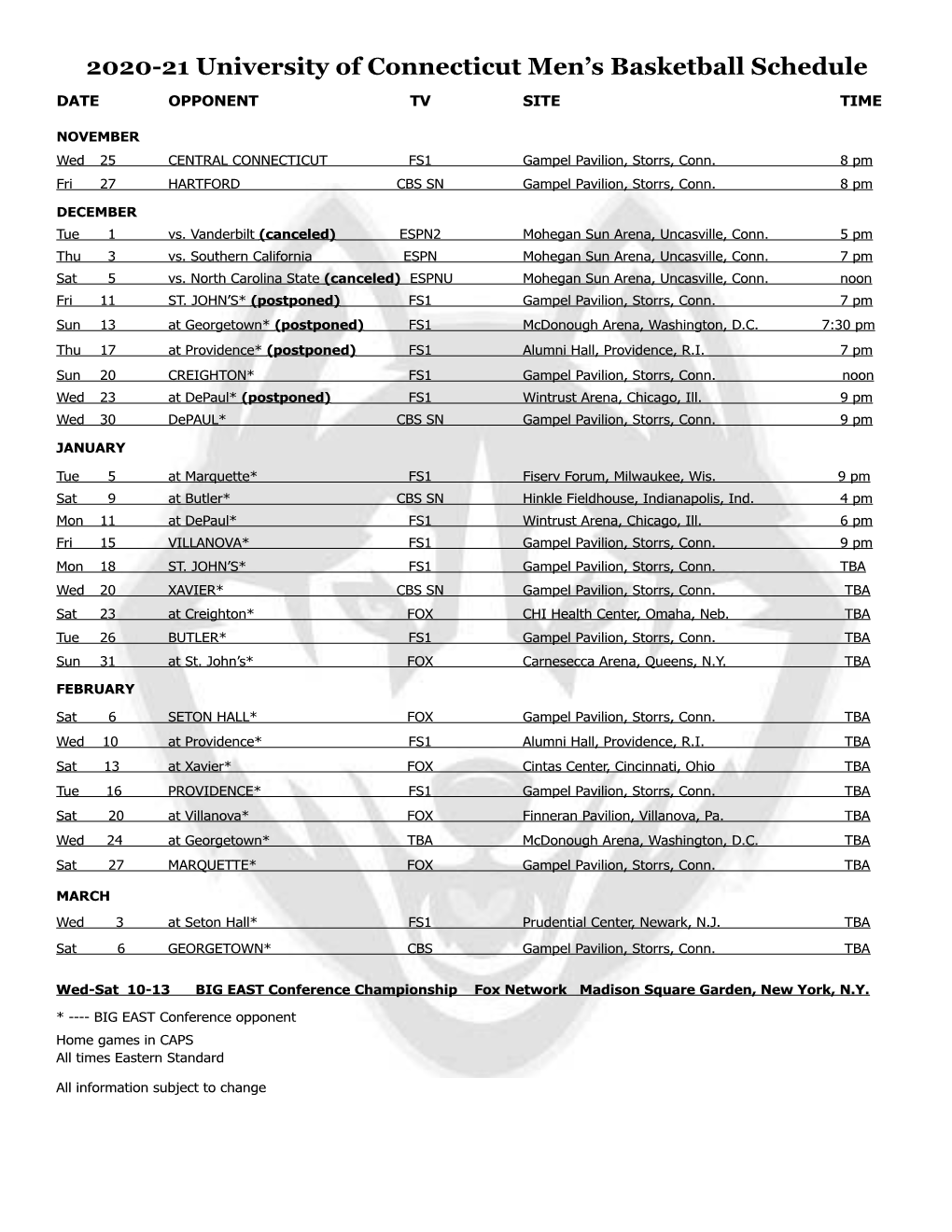 2020-21 University of Connecticut Men's Basketball Schedule