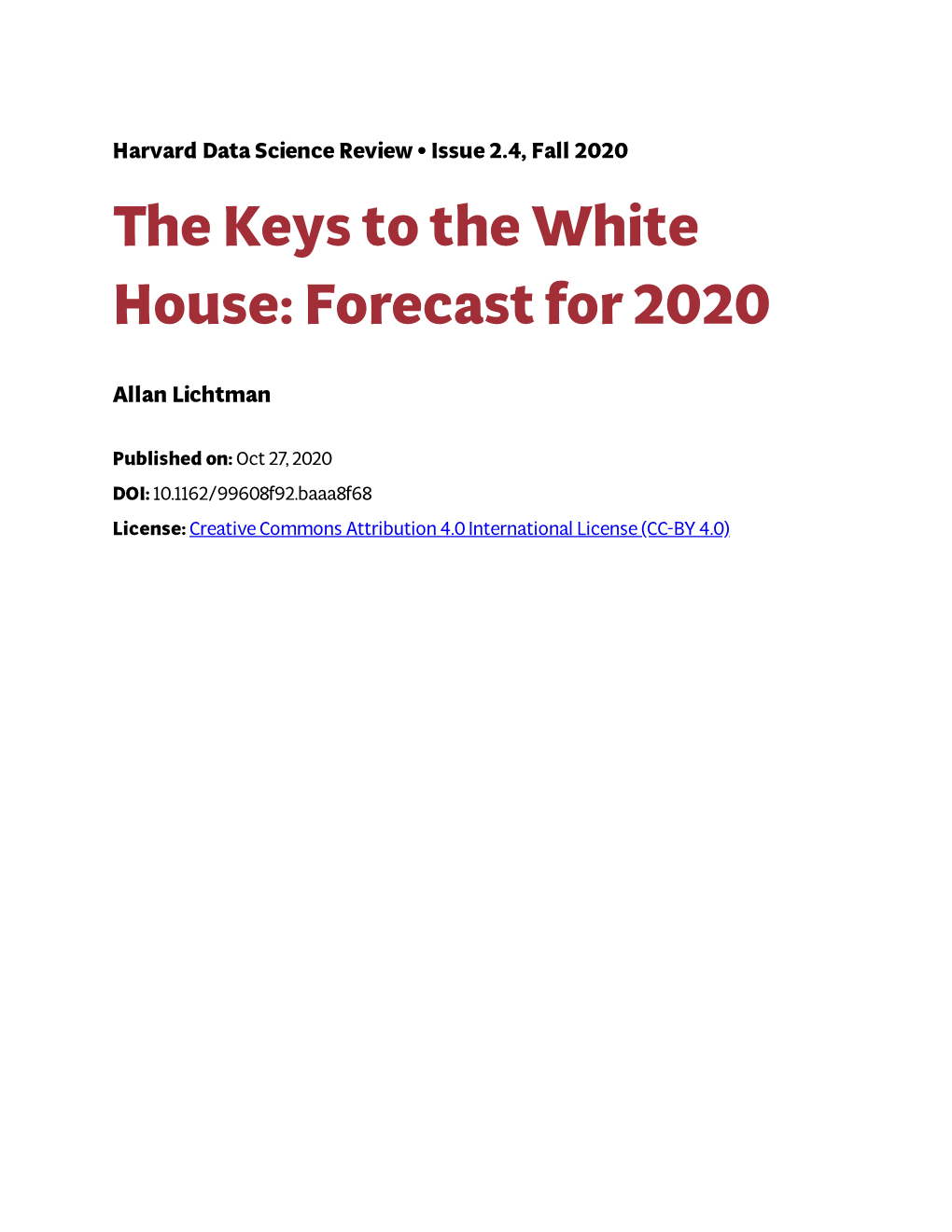 The Keys to the White House: Forecast for 2020