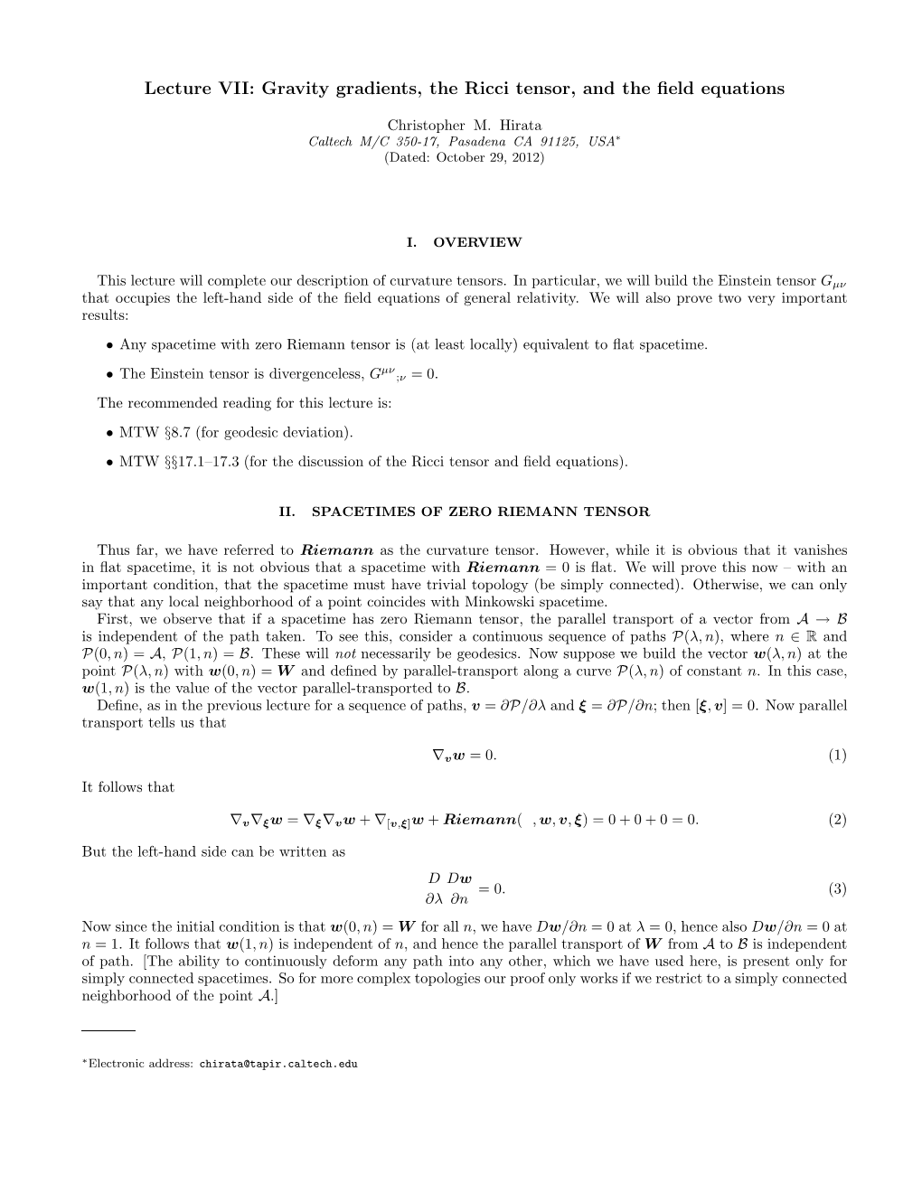 Gravity Gradients, the Ricci Tensor, and the Field Equations