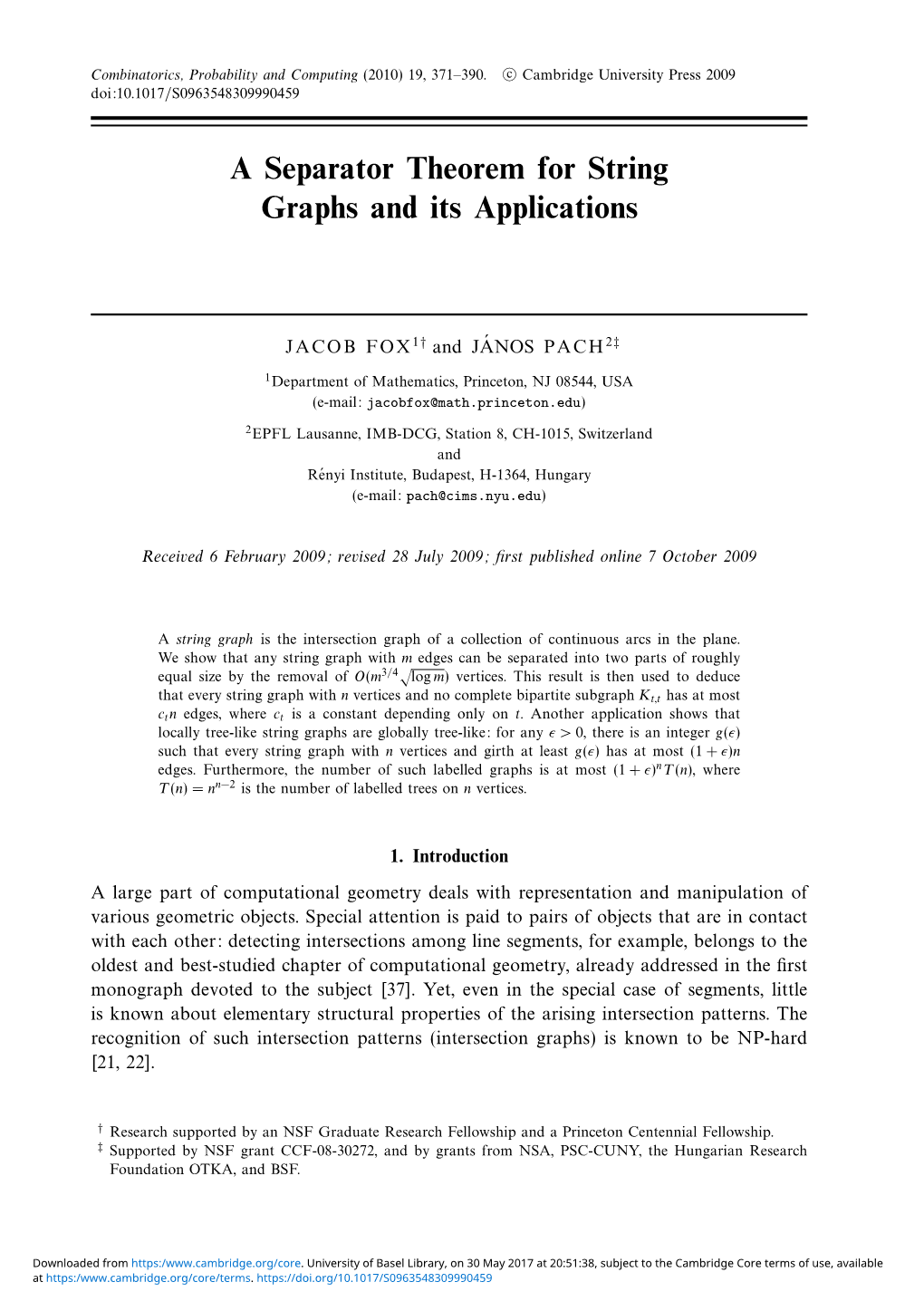 A Separator Theorem for String Graphs and Its Applications