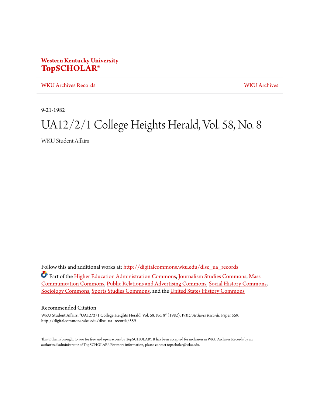 UA12/2/1 College Heights Herald, Vol. 58, No. 8 WKU Student Affairs