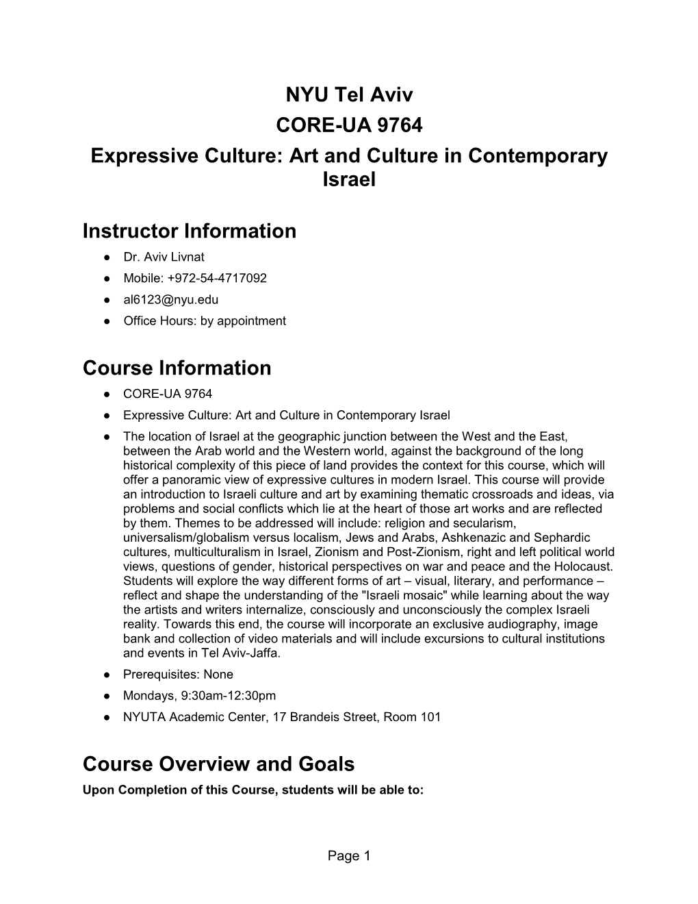 NYU Tel Aviv CORE-UA 9764 Expressive Culture: Art and Culture in Contemporary Israel