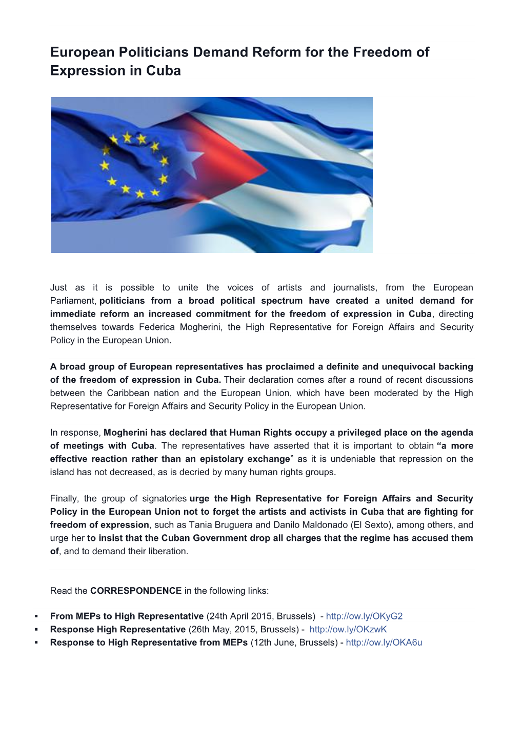 European Politicians Demand Reform for the Freedom of Expression in Cuba