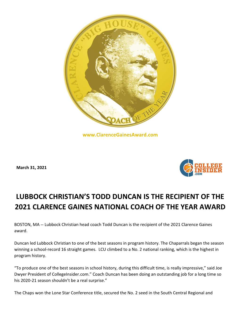 Lubbock Christian's Todd Duncan Is the Recipient Of