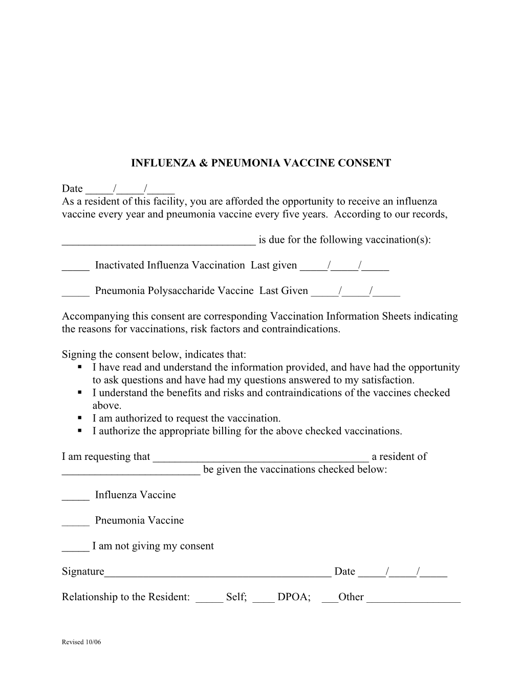 Influenza & Pneumonia Vaccine Consent