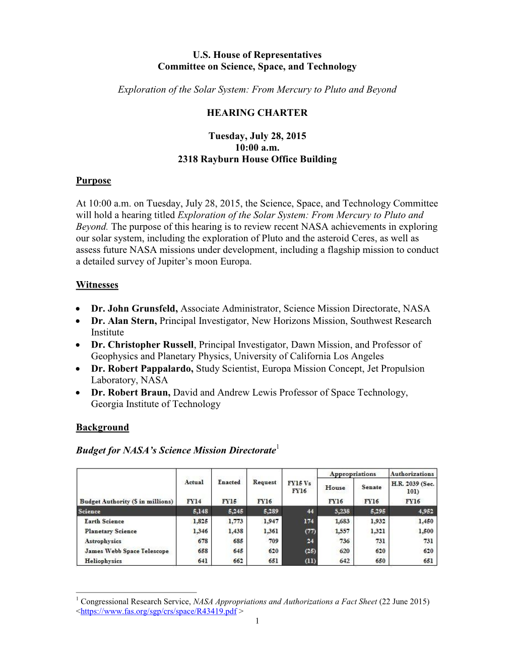 U.S. House of Representatives Committee on Science, Space, and Technology Exploration of the Solar System: from Mercury to Pluto