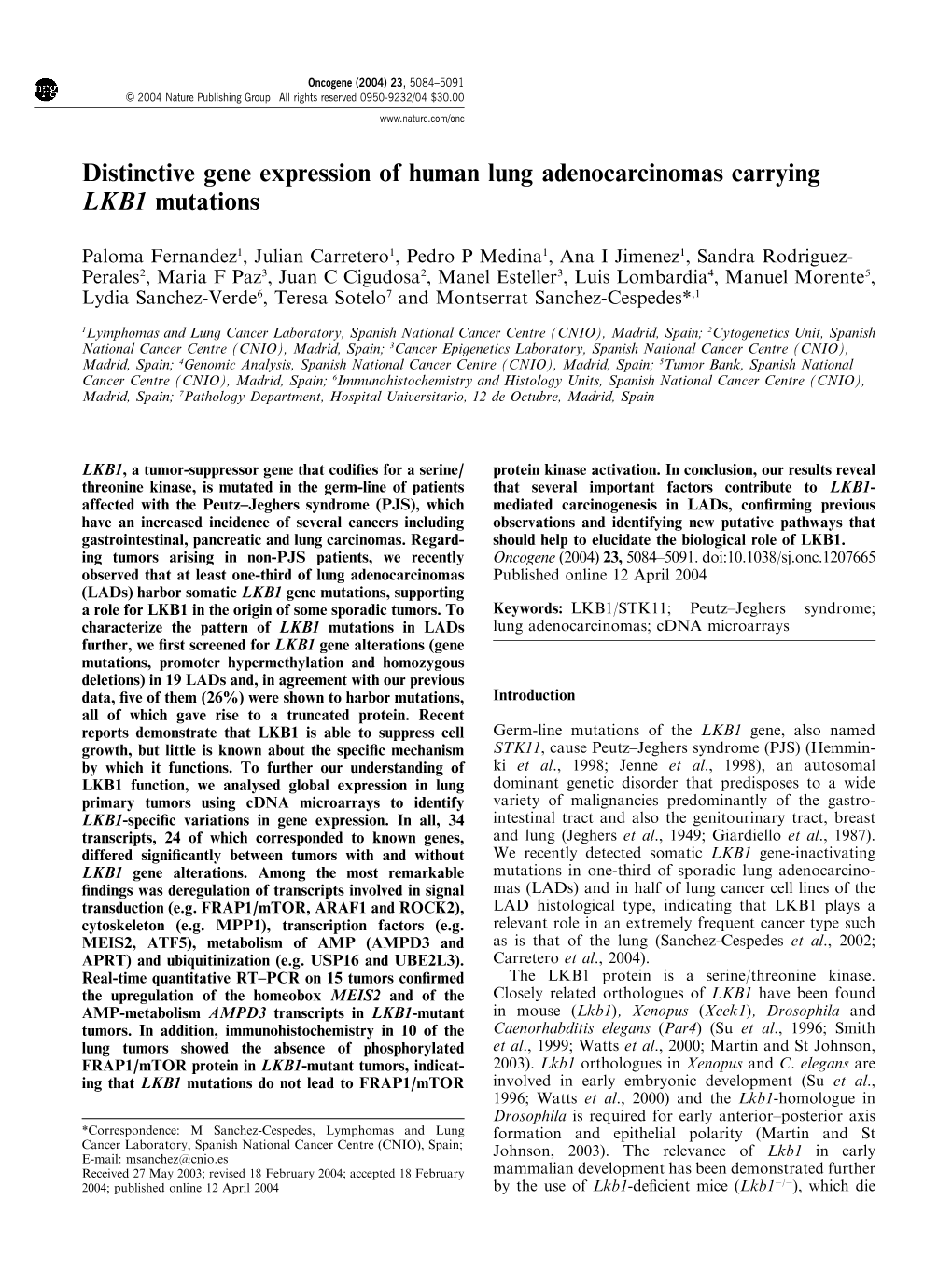 Distinctive Gene Expression of Human Lung Adenocarcinomas Carrying LKB1 Mutations