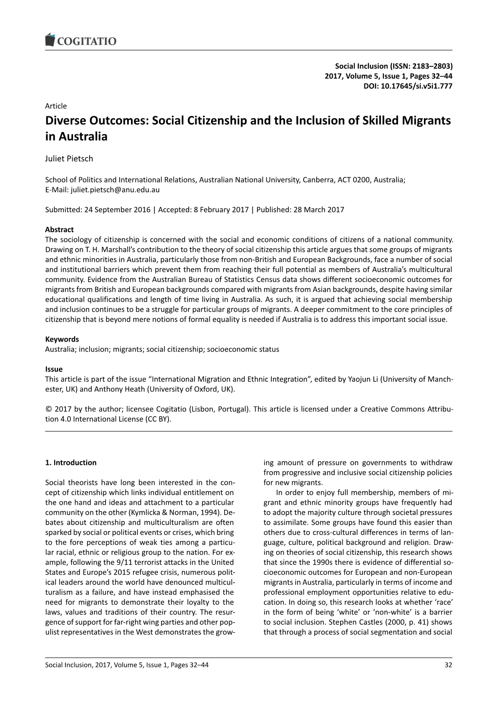 Social Citizenship and the Inclusion of Skilled Migrants in Australia