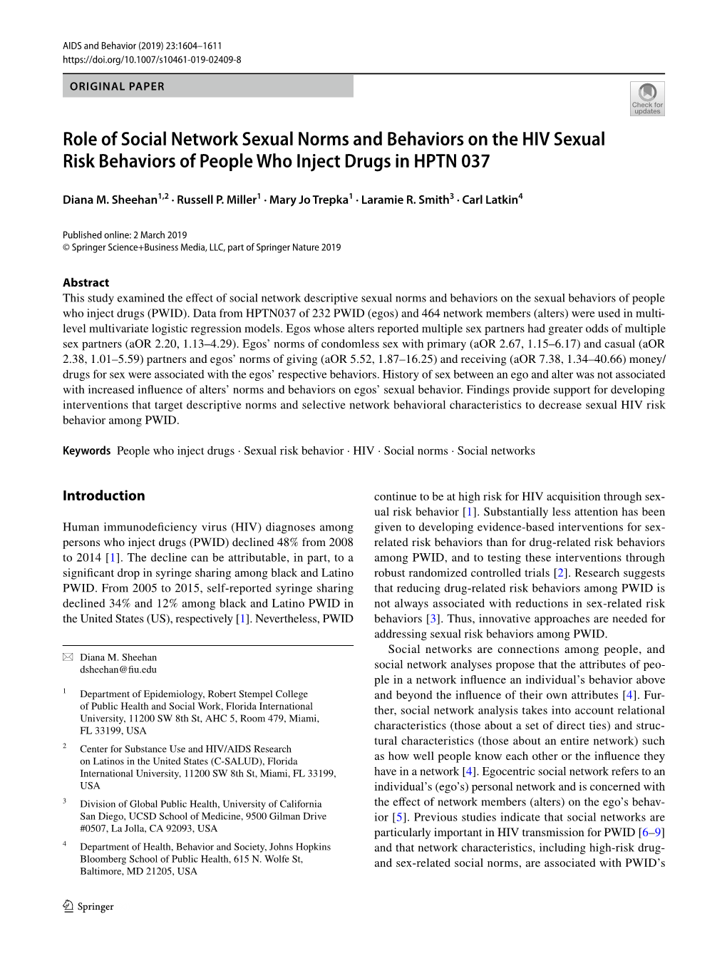 Role of Social Network Sexual Norms and Behaviors on the HIV Sexual Risk Behaviors of People Who Inject Drugs in HPTN 037