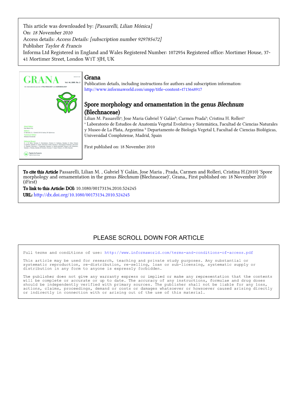 Grana Spore Morphology and Ornamentation in the Genus Blechnum