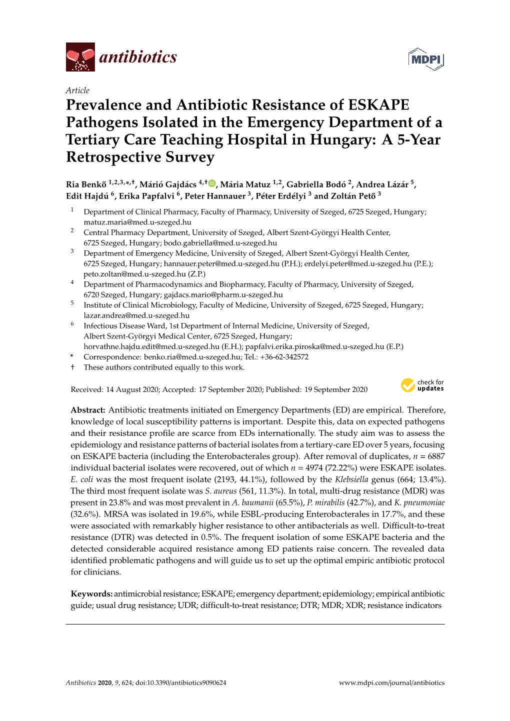Prevalence and Antibiotic Resistance of ESKAPE Pathogens Isolated In