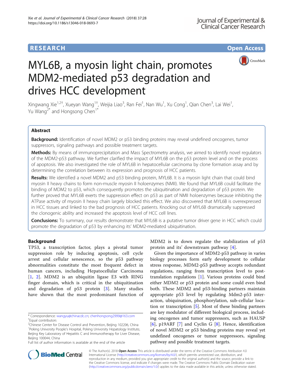 MYL6B, a Myosin Light Chain, Promotes MDM2-Mediated P53