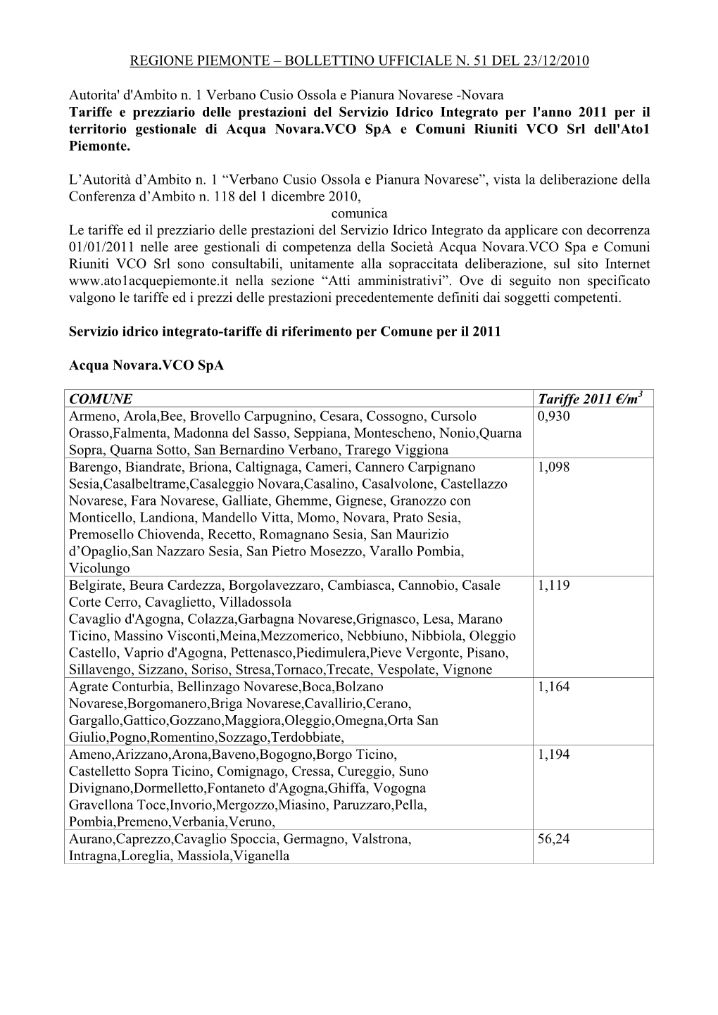 Autorita' D'ambito N. 1 Verbano Cusio Ossola E Pianura Novarese -Novara Tariffe E Prezziario Delle Prestazioni Del Servizio Idri