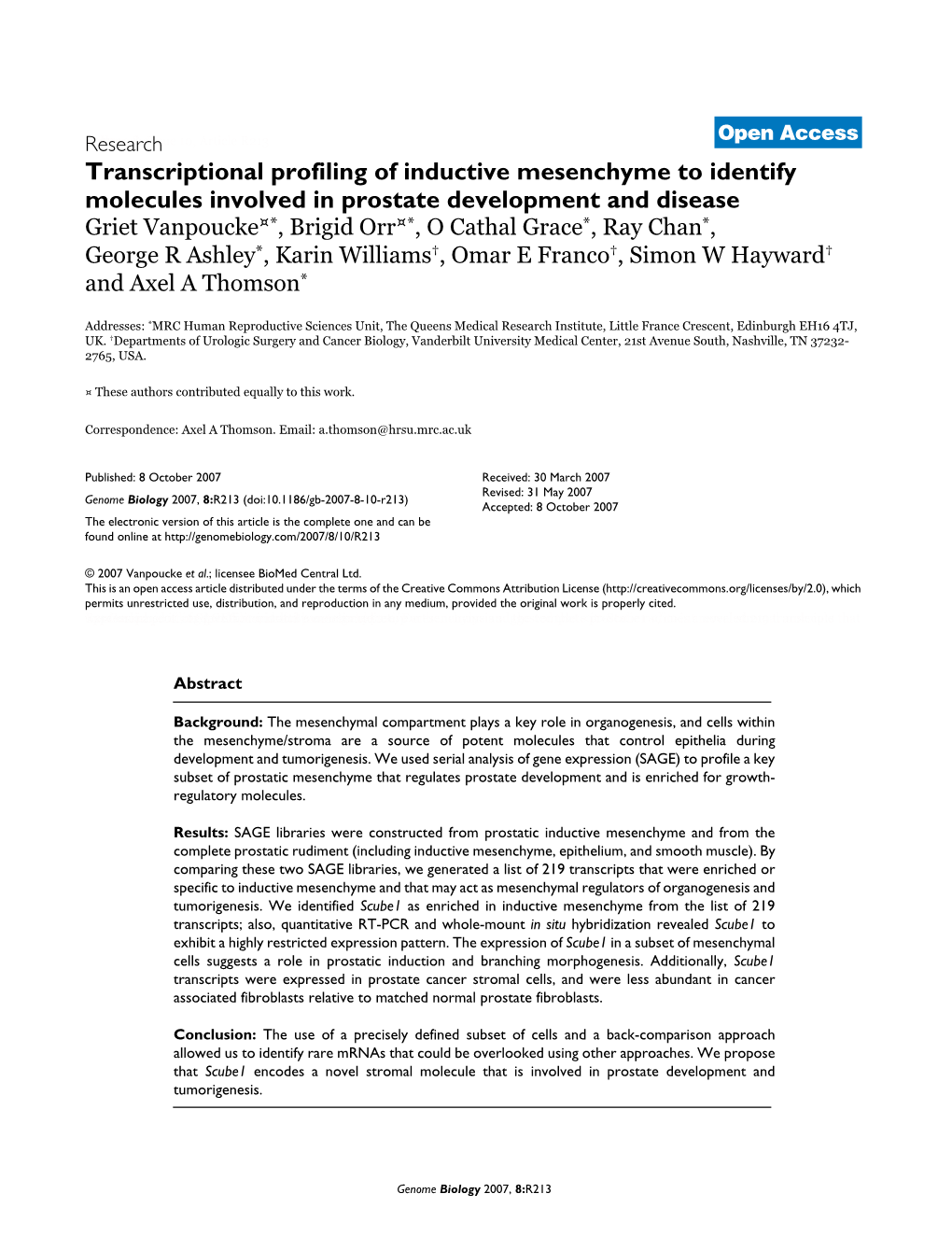 Transcriptional Profiling of Inductive Mesenchyme to Identify Molecules Involved in Prostate Development and Disease