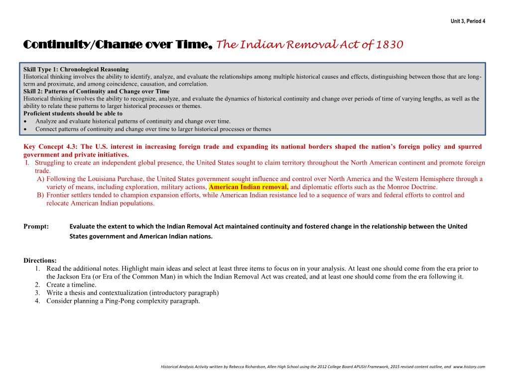 Continuity/Change Over Time, the Indian Removal Act of 1830