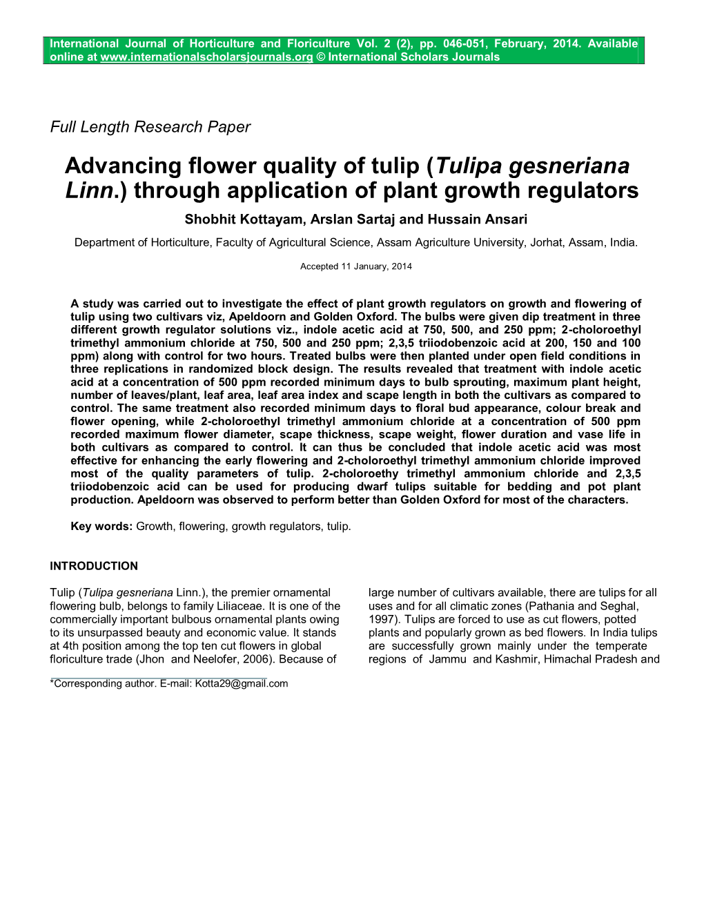 Advancing Flower Quality of Tulip (Tulipa Gesneriana Linn.) Through Application of Plant Growth Regulators