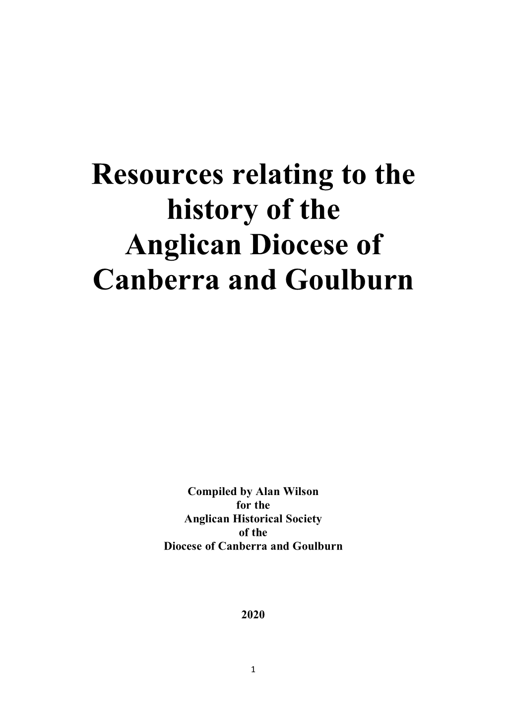 Resources Relating to the History of the Anglican Diocese of Canberra and Goulburn