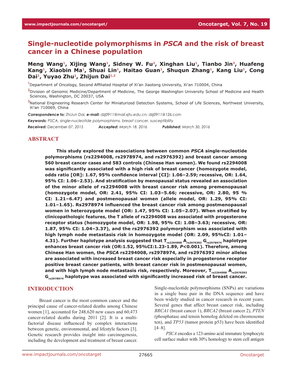 Single-Nucleotide Polymorphisms in PSCA and the Risk of Breast Cancer in a Chinese Population