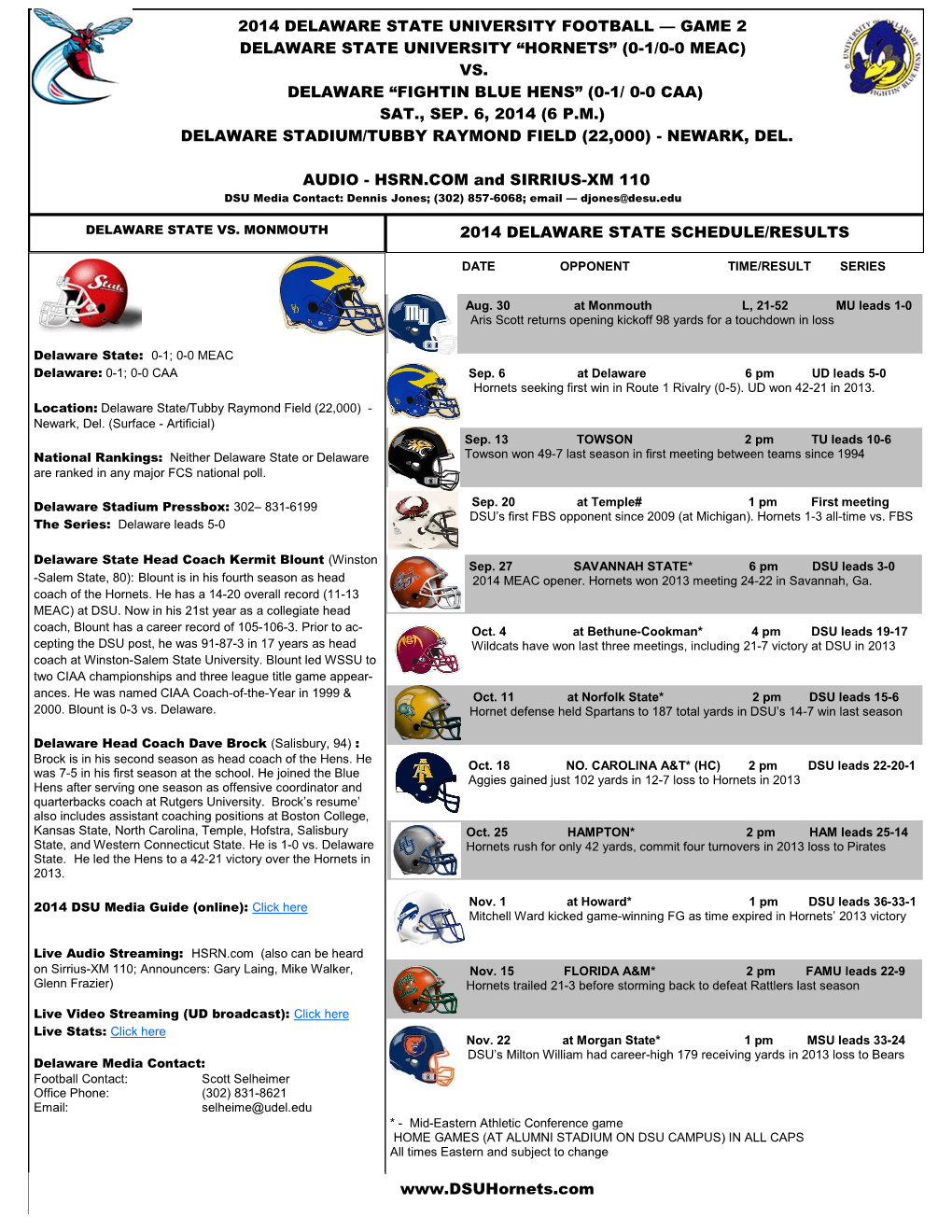 2014 Delaware State University Football — Game 2 Delaware State University “Hornets” (0-1/0-0 Meac) Vs